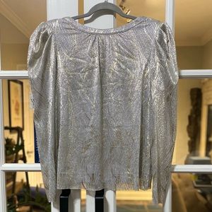 CeCe blouse, Size M, grey and gold, pad and puff sleeve, Back V and tie